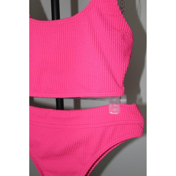 Billabong Neon Pink Smocked Bikini Set Scoop Neck High Cut Two Piece Small - Picture 2 of 9